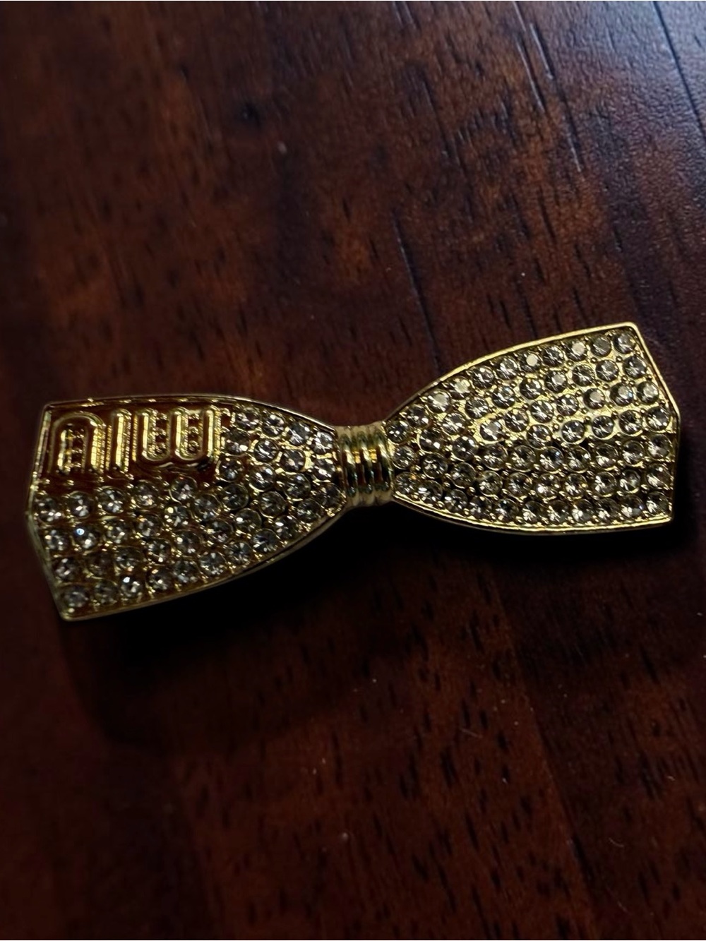 miu miu Crystal Bow Tie zipper pull made into brooch